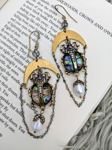 Celestial Beetle Earrings with Pearl Drops