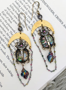 Celestial Beetle Earrings with Lampwork Glass Drops
