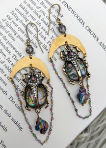 Celestial Beetle Earrings with Lampwork Glass Drops