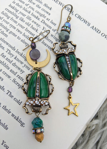 Asymmetrical Celestial Green Beetle Earrings
