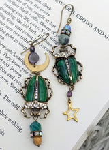 Load image into Gallery viewer, Asymmetrical Celestial Green Beetle Earrings