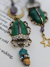 Load image into Gallery viewer, Asymmetrical Celestial Green Beetle Earrings