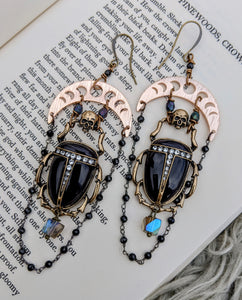 Celestial Black Beetle Earrings with Skulls