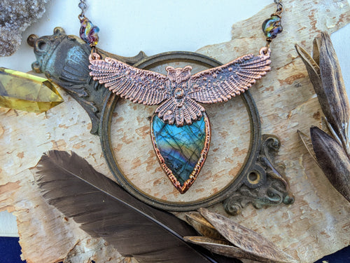 Copper Electroformed Labradorite Owl 2