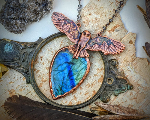 Copper Electroformed Labradorite Owl 4