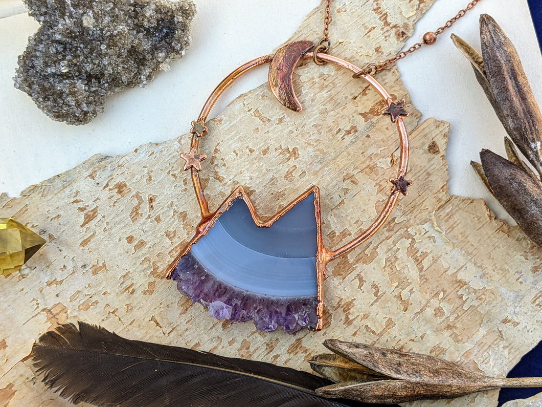 Copper Electroformed  Agate and Amethyst Druzy Mountain Moon 1