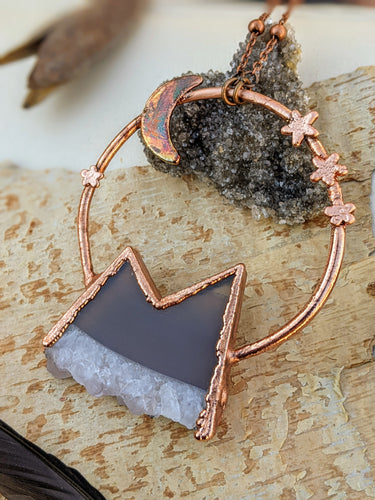Copper Electroformed  Agate and Amethyst Druzy Mountain Moon 2