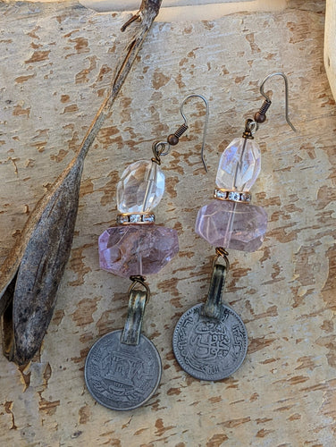 Kuchi Coin Amethyst and Quartz Earrings