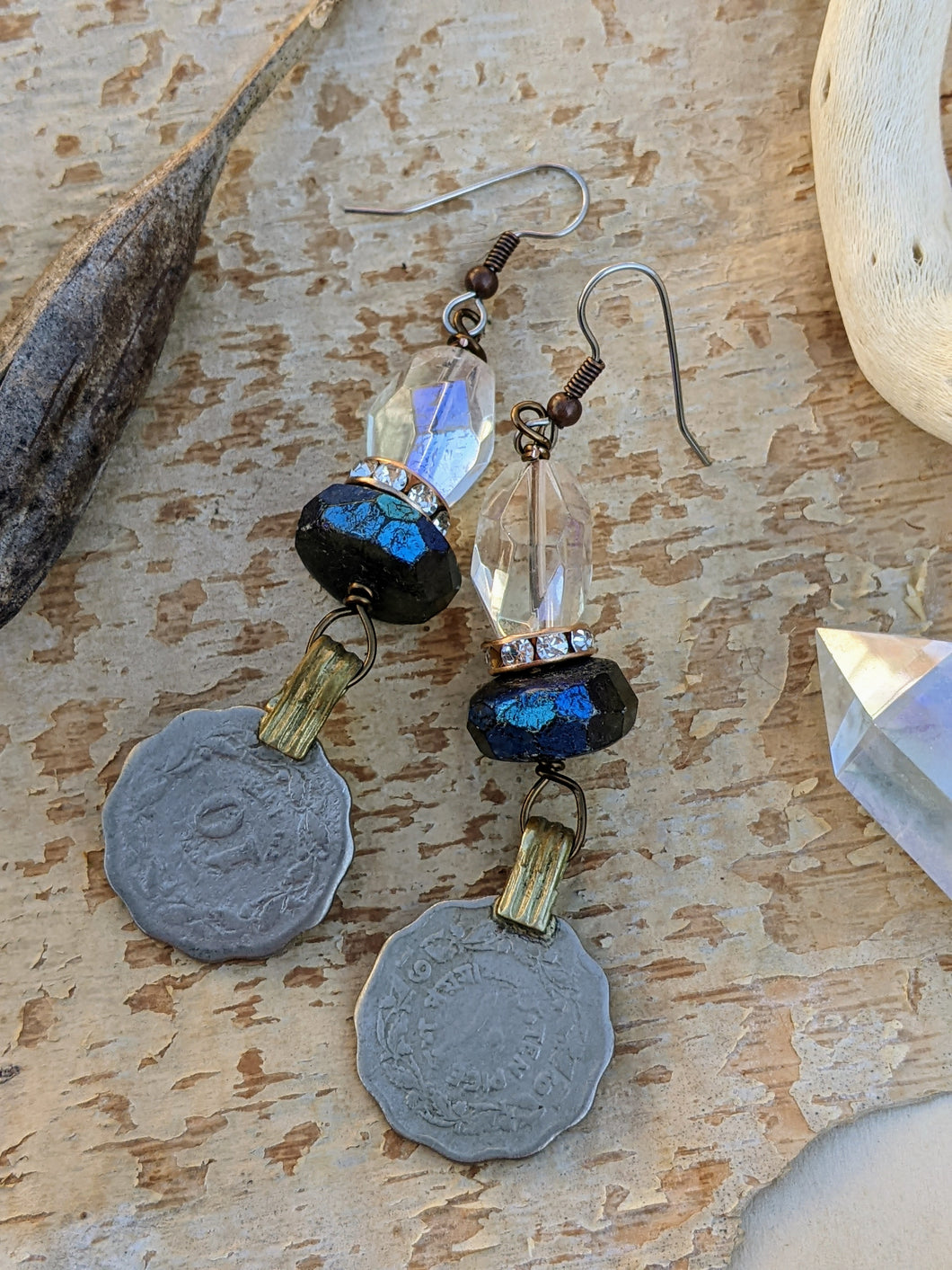 Scalloped Kuchi Coin Aura Labradorite and Quartz Earrings