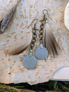 Scalloped Kuchi Coin and Feather Earrings