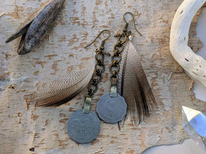 Scalloped Kuchi Coin and Feather Earrings