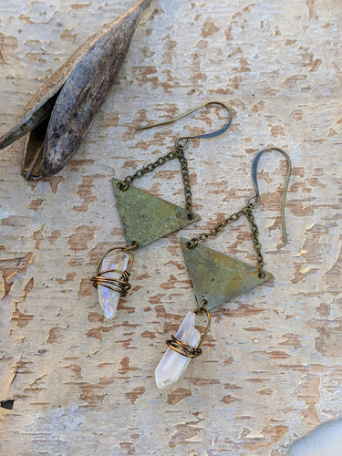 Triangle Charm Aura Quartz Point Earrings