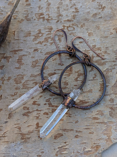 Copper Electroformed Blades of Light Quartz Earrings