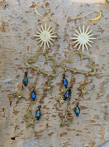 Brass Cloud Sun Star Earrings