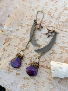 Purple Trapezoid Moon and Star Earrings