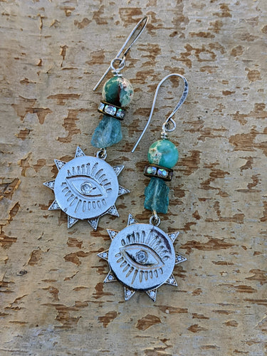 Peruvian Blue Opal and Aquamarine Evil Eye Earrings