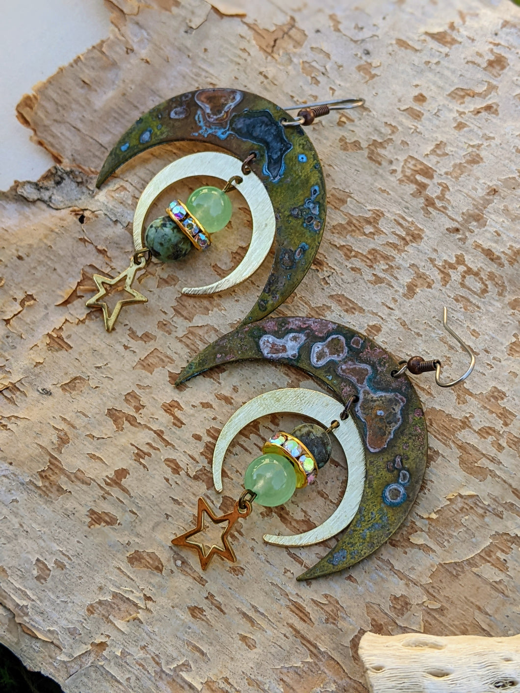 Verdigris Moon Jasper and Fluorite Earrings