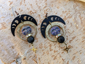 Black Moon Phase Man-In-The-Moon Earrings