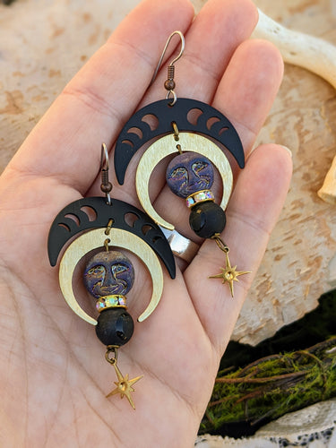 Black Moon Phase Man-In-The-Moon Earrings