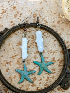 Verdigris Starfish Glass Coral Earrings