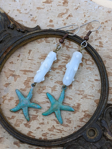 Verdigris Starfish Glass Coral Earrings