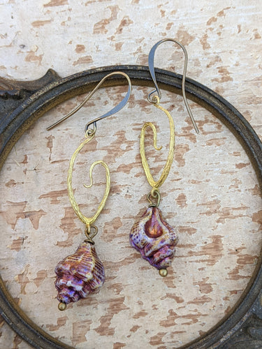 Conch Shell and Brass Spiral Earrings