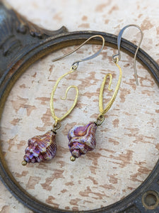 Conch Shell and Brass Spiral Earrings