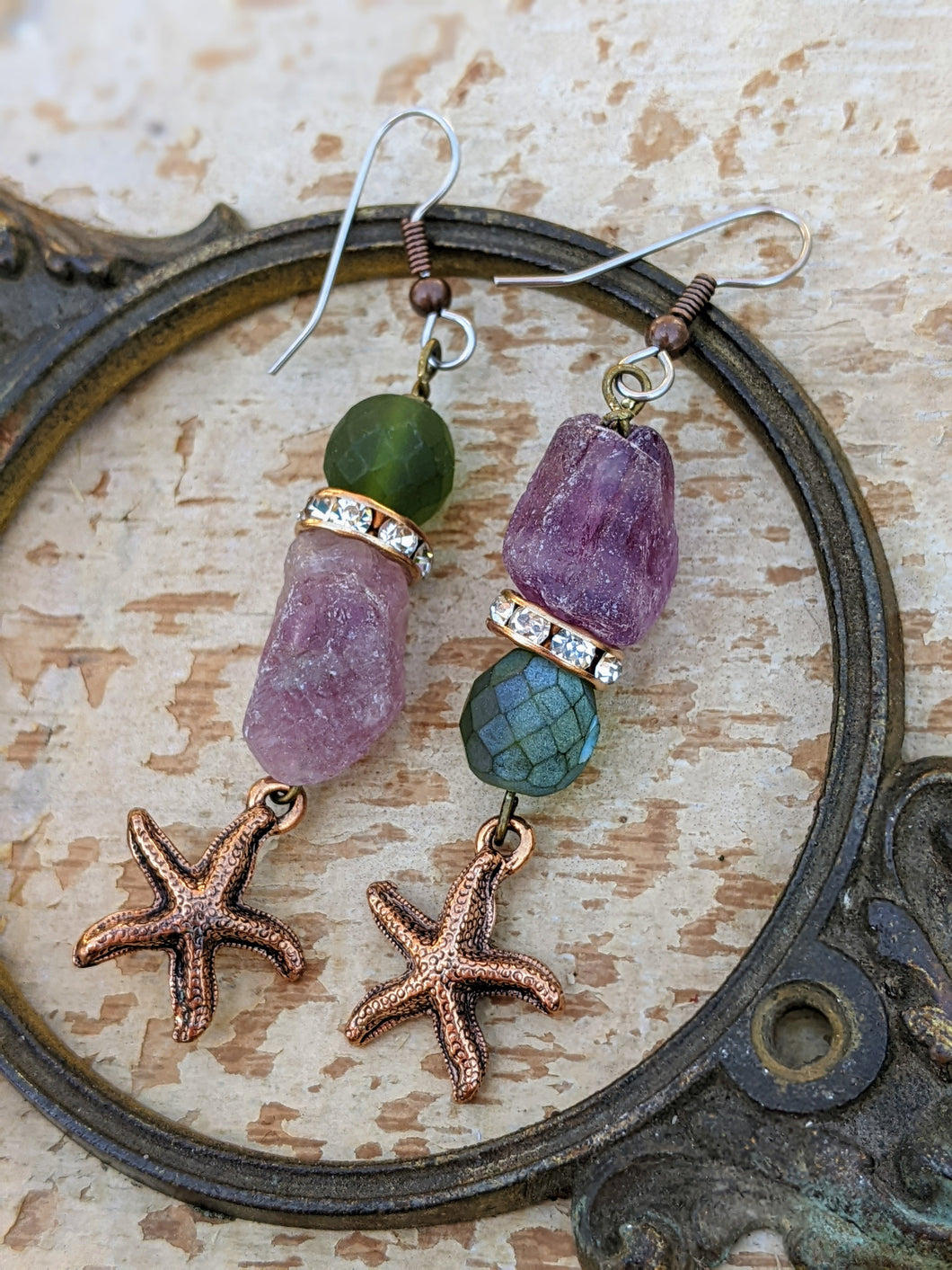 Copper Starfish and Amethyst Earrings