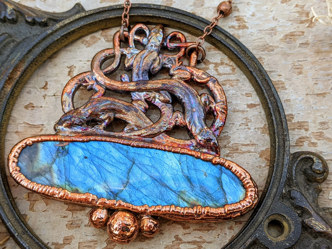 Copper Electroformed Labradorite Skink Necklace