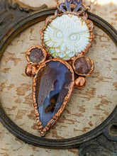 Load image into Gallery viewer, Carved Bone Owl, Sunstone, and Moss Agate Copper Electroformed Necklace