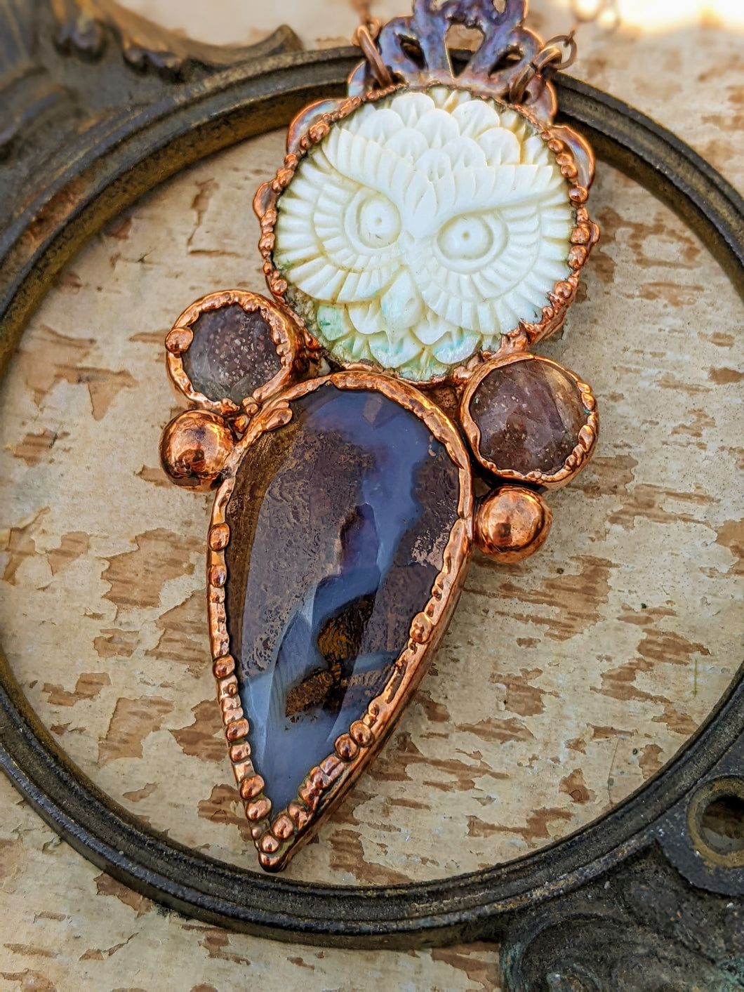 Carved Bone Owl, Sunstone, and Moss Agate Copper Electroformed Necklace
