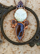 Load image into Gallery viewer, Carved Bone Owl, Sunstone, and Moss Agate Copper Electroformed Necklace
