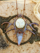 Load image into Gallery viewer, Carved Bone Owl, Antler, and Moss Agate Copper Electroformed Necklace