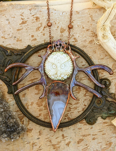 Carved Bone Owl, Antler, and Moss Agate Copper Electroformed Necklace