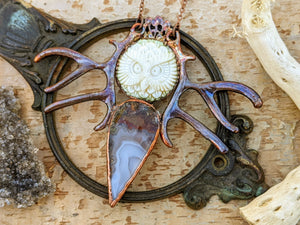 Carved Bone Owl, Antler, and Moss Agate Copper Electroformed Necklace