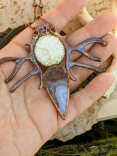 Load image into Gallery viewer, Carved Bone Owl, Antler, and Moss Agate Copper Electroformed Necklace