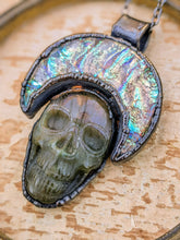 Load image into Gallery viewer, Dichroic Glass Moon and Labradorite Skull Gunmetal Copper Electroformed Necklace