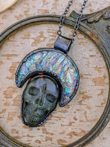 Dichroic Glass Moon and Labradorite Skull Gunmetal Copper Electroformed Necklace