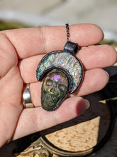 Load image into Gallery viewer, Dichroic Glass Moon and Labradorite Skull Gunmetal Copper Electroformed Necklace