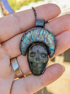 Dichroic Glass Moon and Labradorite Skull Gunmetal Copper Electroformed Necklace
