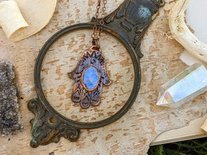 Moonstone Filagree Hamsa Copper Electroformed Necklace