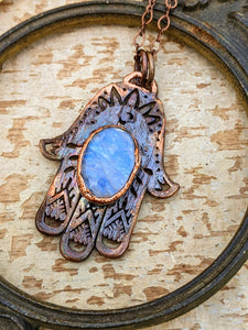 Moonstone Filagree Hamsa Copper Electroformed Necklace