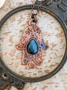 Blue Labradorite Filagree Hamsa Copper Electroformed Necklace