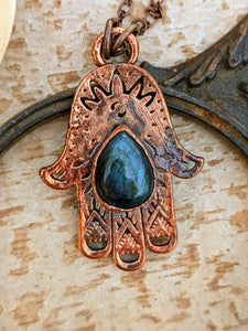 Blue Labradorite Filagree Hamsa Copper Electroformed Necklace