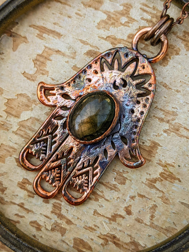 Green Labradorite Filagree Hamsa Copper Electroformed Necklace