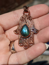 Load image into Gallery viewer, Blue Labradorite Filagree Hamsa Copper Electroformed Necklace