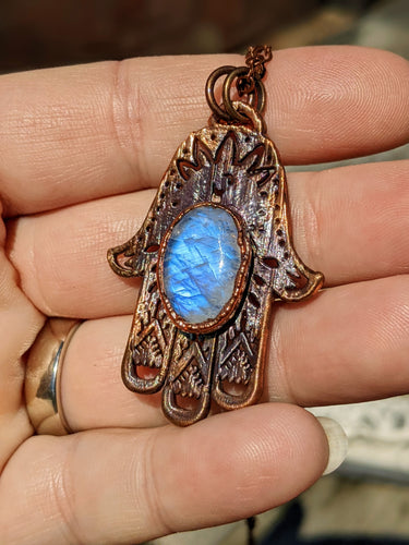 Moonstone Filagree Hamsa Copper Electroformed Necklace