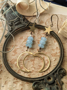 Aquamarine Moon and Star Earrings
