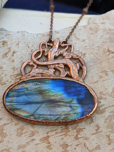 Copper Electroformed Labradorite Entwined Skinks Necklace