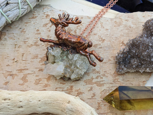 Druzy Quartz Cluster and Stag / Deer / Elk Necklace